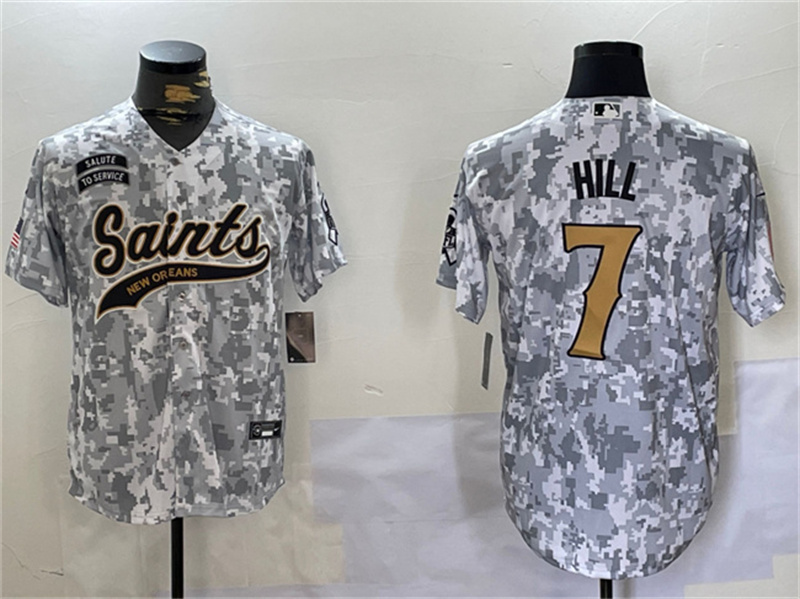 Men's New Orleans Saints #7 Taysom Hill 2024 Arctic Camo Salute to Service Stitched Baseball Jersey Men's New Orleans Saints #7 Taysom Hill 2024 Arctic Camo Salute to Service Stitched Baseball Jersey